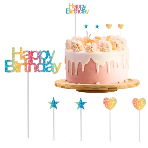 Topper piker ozdoby na tort babeczki napis Happy Birthday serce gwiazdki tęczowe z brokatem dekoracje urodzinowe zestaw 5 sztuk